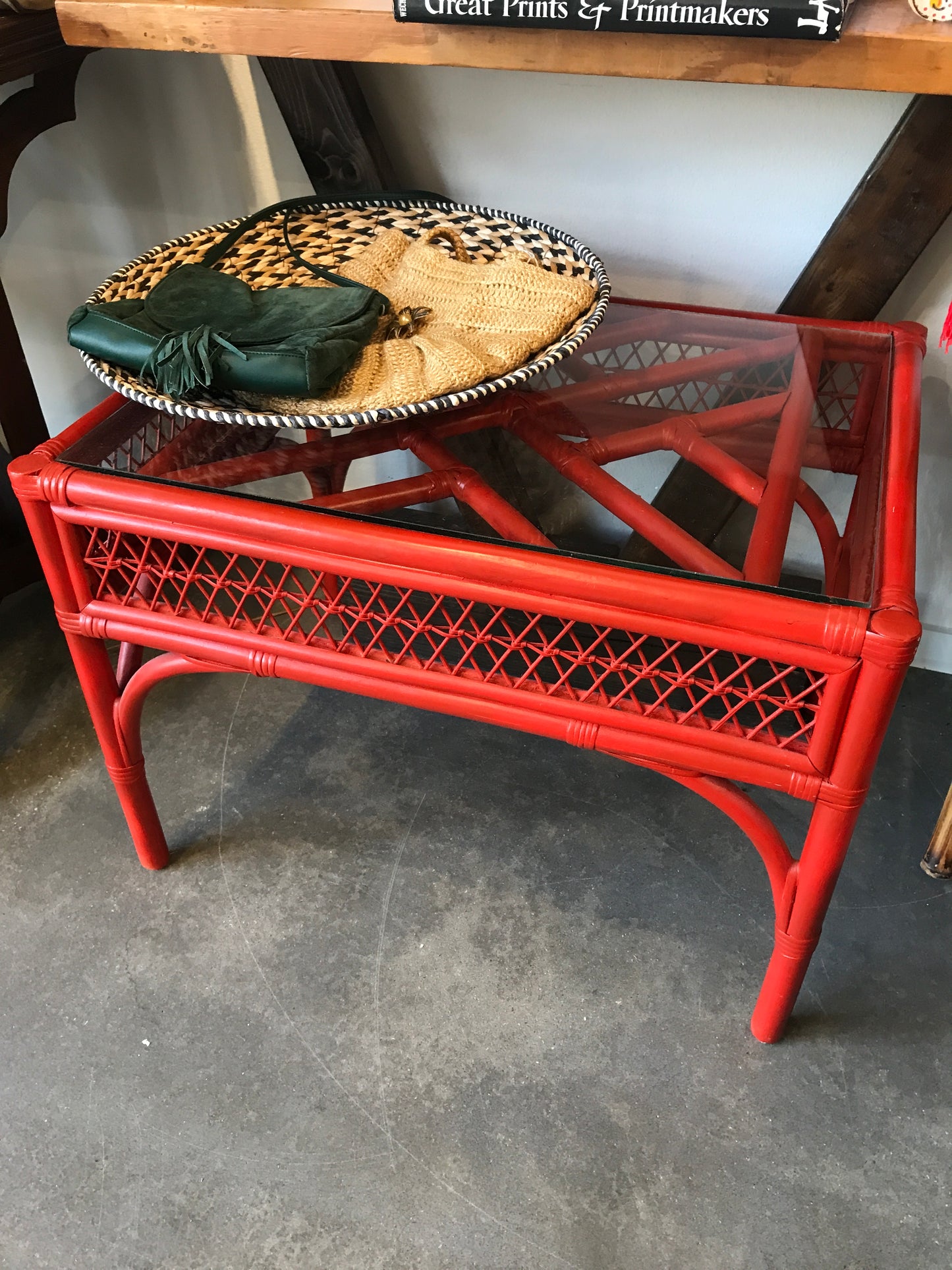 E RESERVED Vintage Red Rattan & Glass table