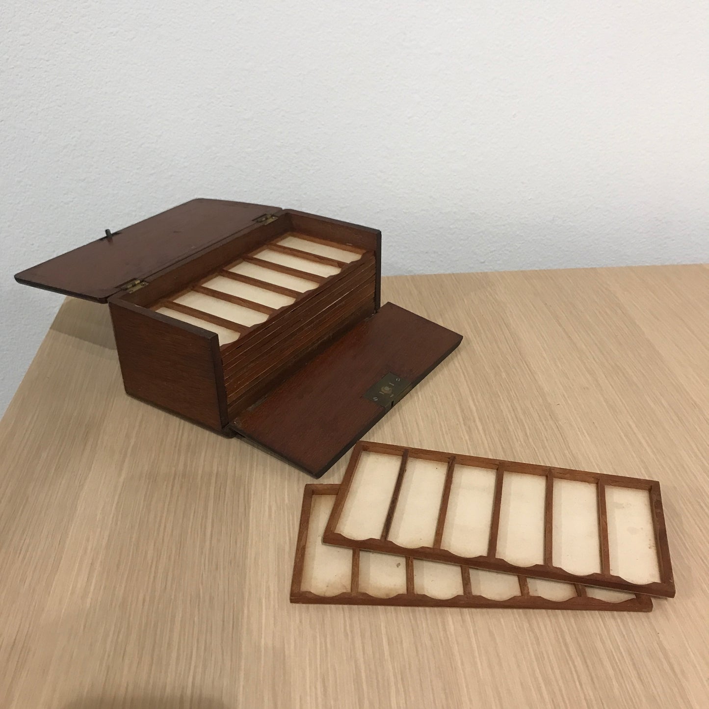 Antique Victorian Microscope Slide Keeper Wooden Box with Inserts