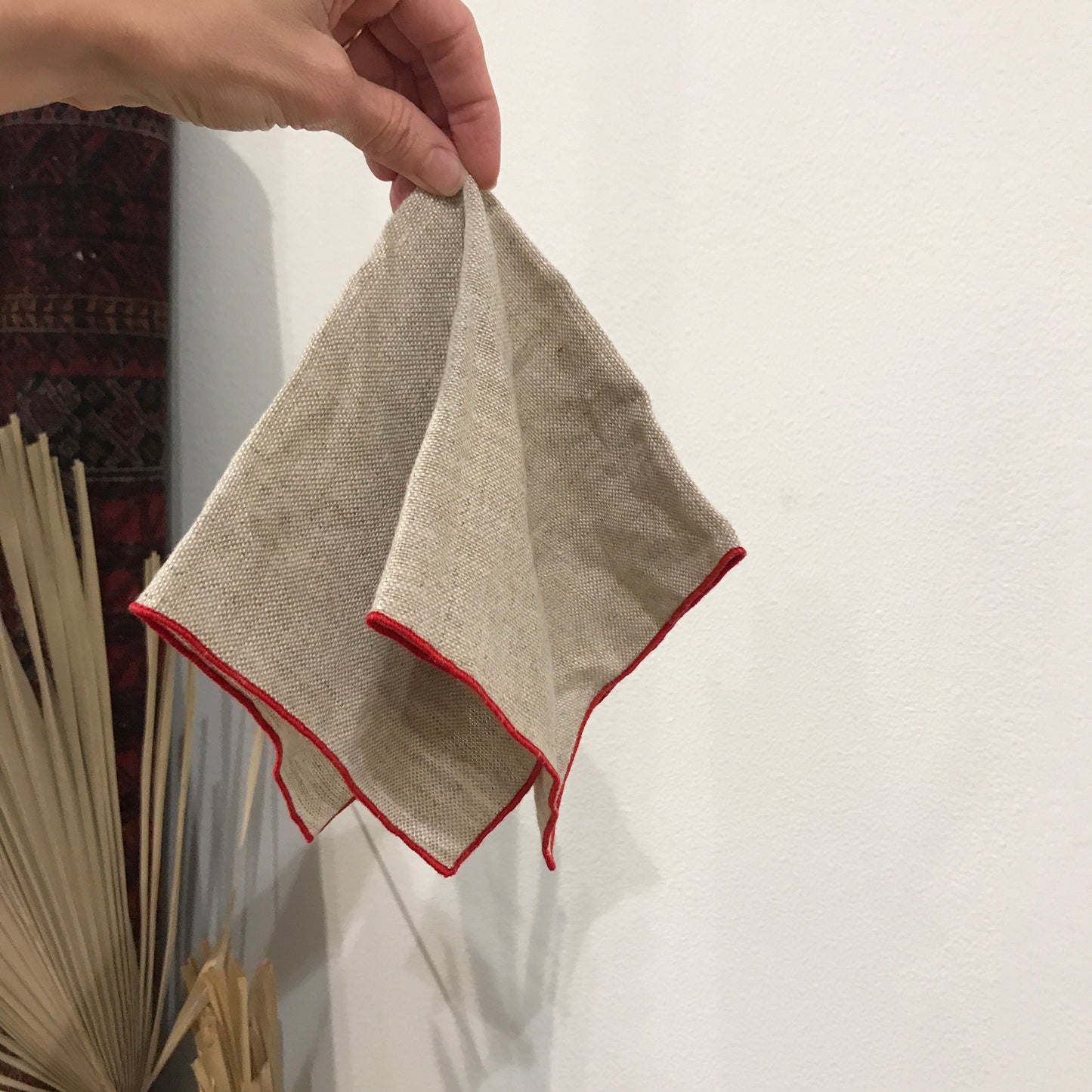 Vintage Linen Napkins with Red Trim - set of 5