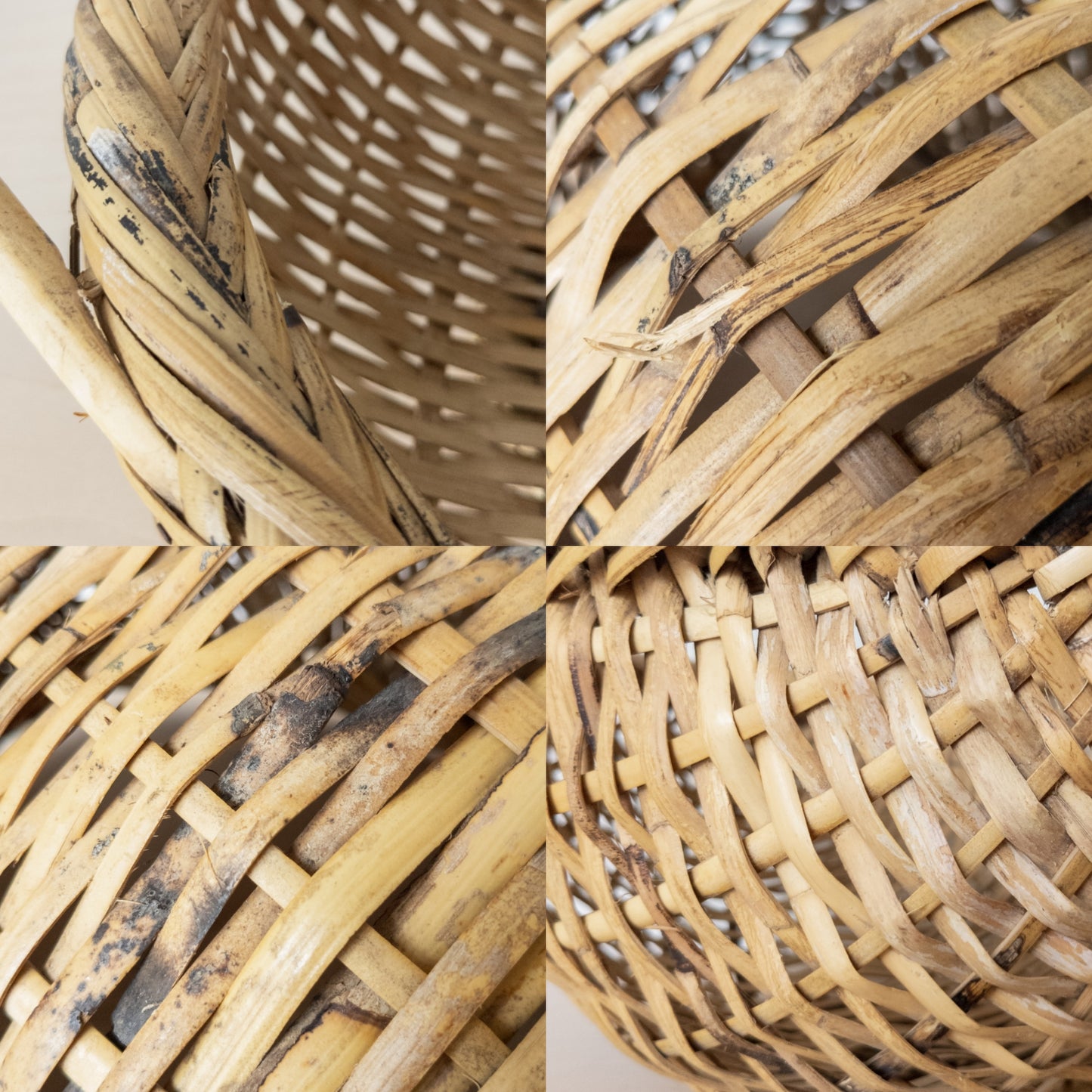 Vintage Natural Cane Oblong Woven Basket with Two Handles