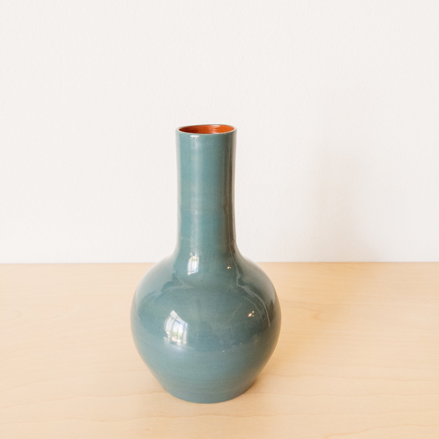 Vintage Muted Teal Glazed Terra-Cotta Long Neck Vase