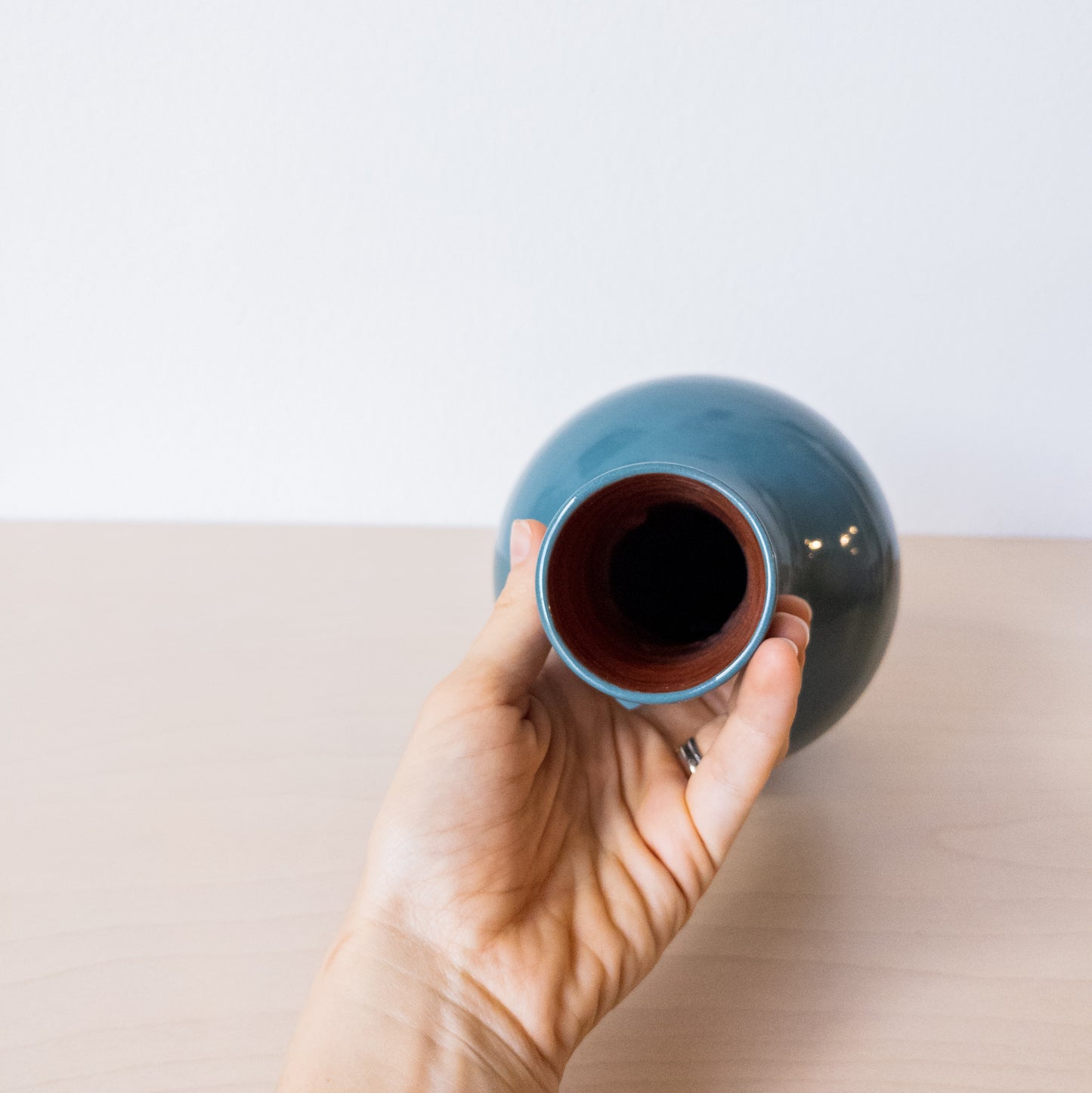 Vintage Muted Teal Glazed Terra-Cotta Long Neck Vase