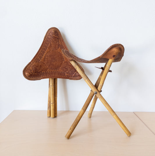 Vintage Pair of Tri-fold Bamboo and Leather Camping Stools