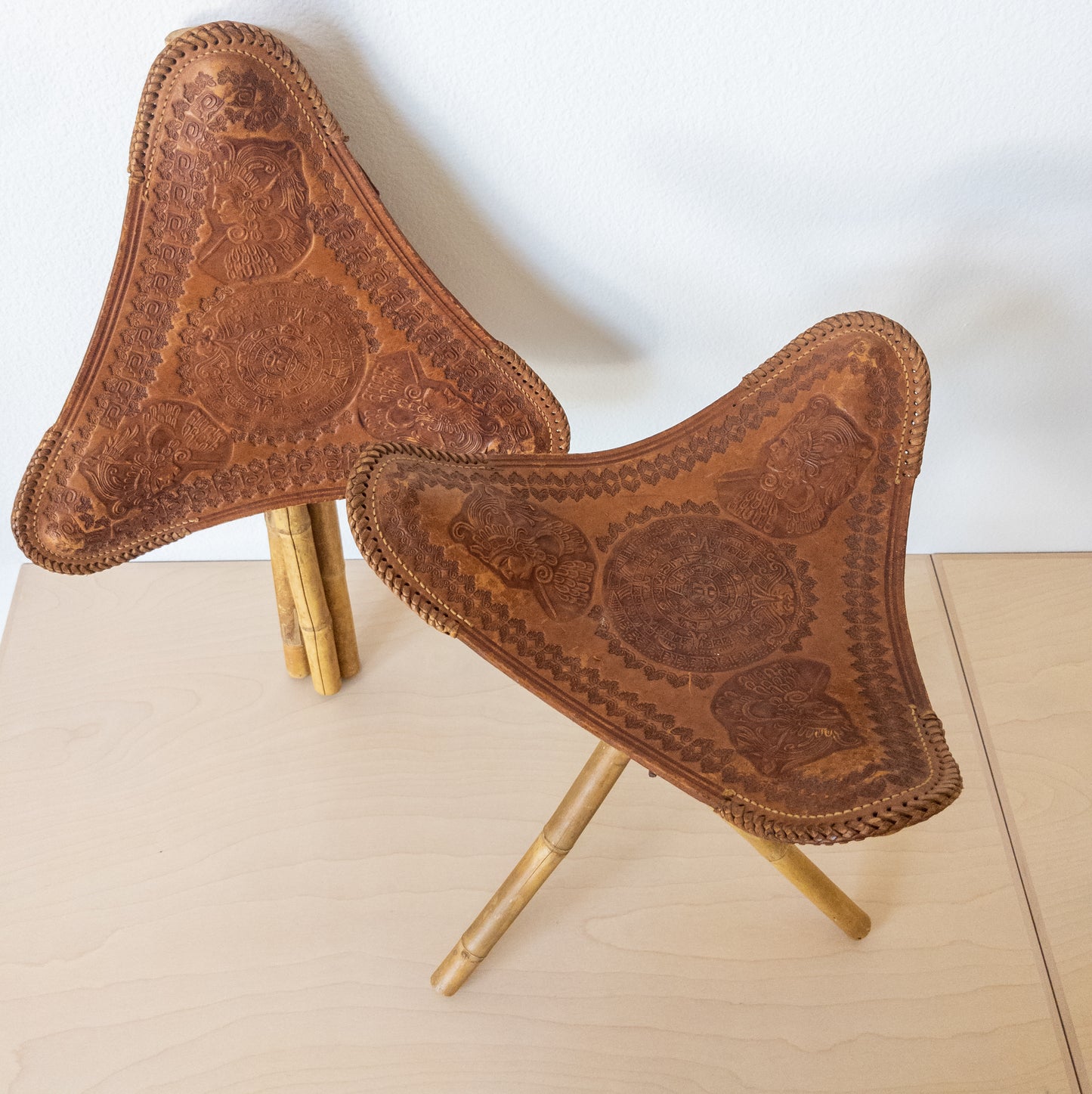 Vintage Pair of Tri-fold Bamboo and Leather Camping Stools