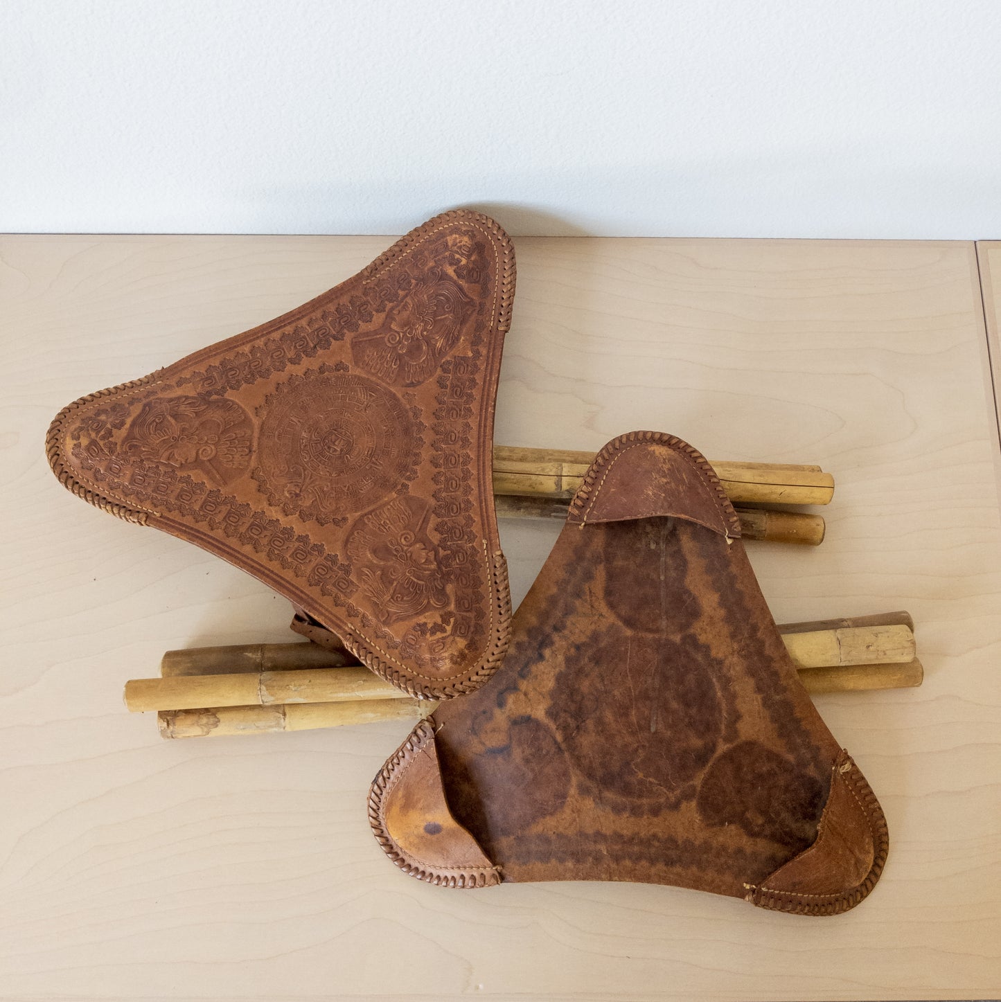 Vintage Pair of Tri-fold Bamboo and Leather Camping Stools