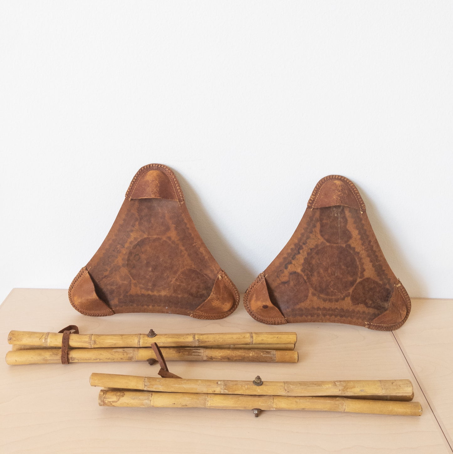 Vintage Pair of Tri-fold Bamboo and Leather Camping Stools