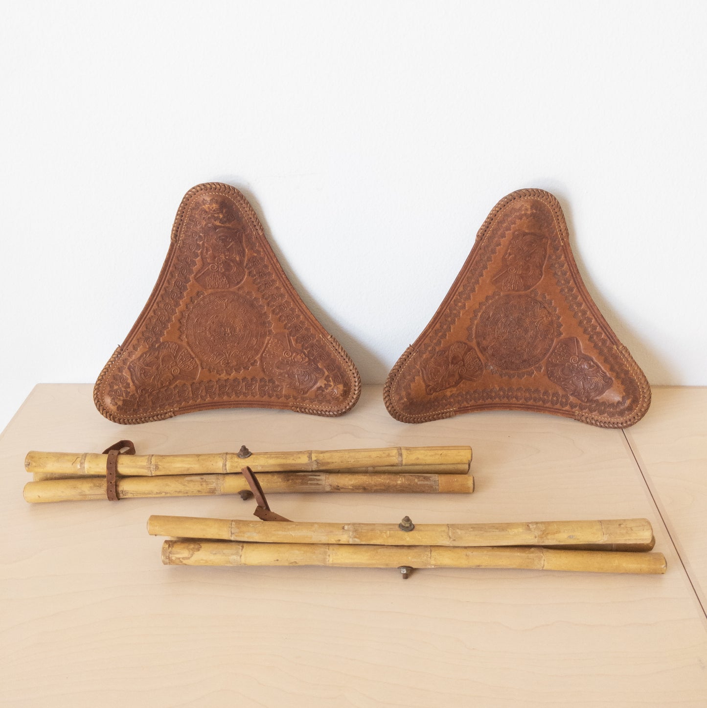 Vintage Pair of Tri-fold Bamboo and Leather Camping Stools