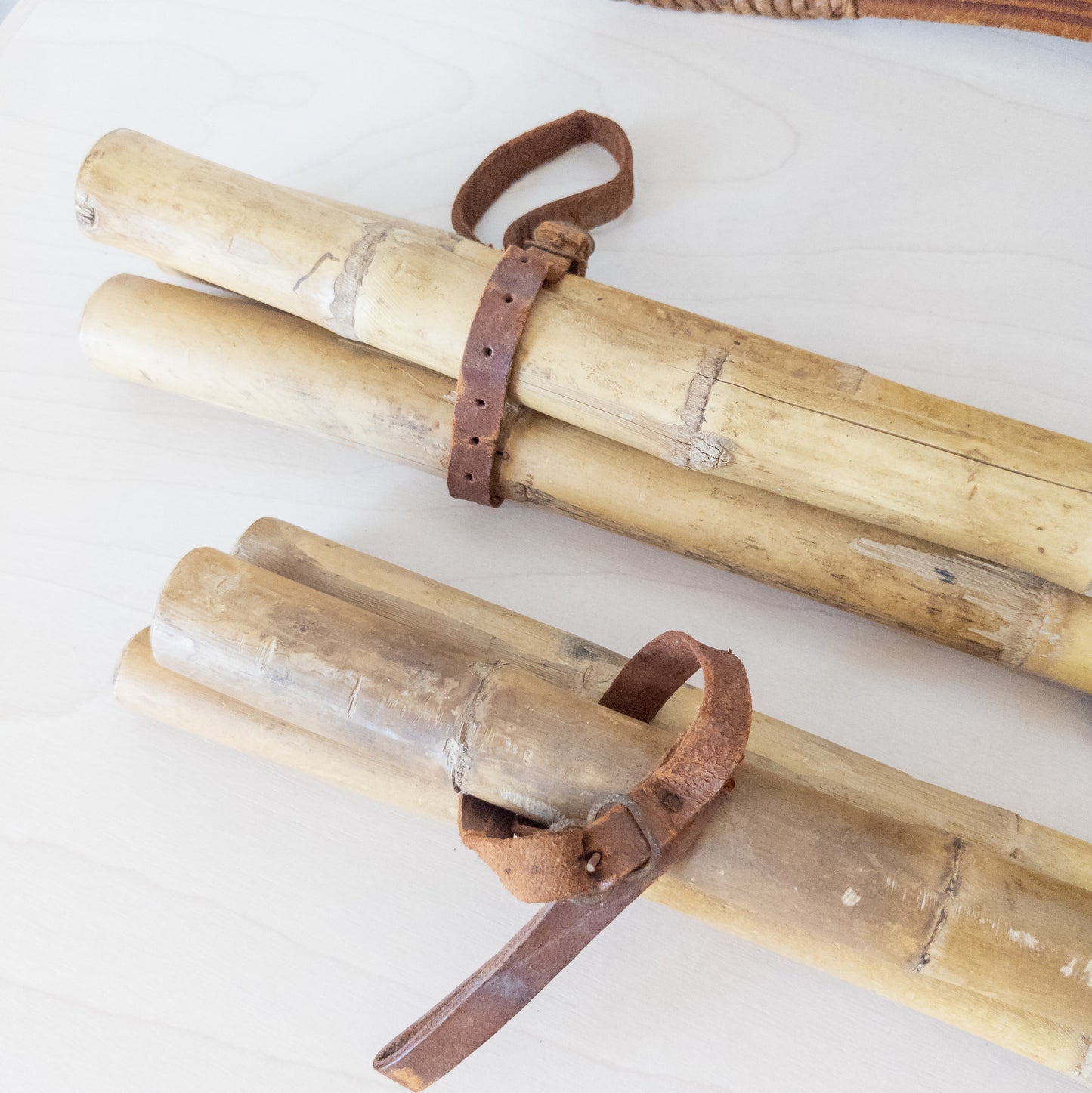 Vintage Pair of Tri-fold Bamboo and Leather Camping Stools