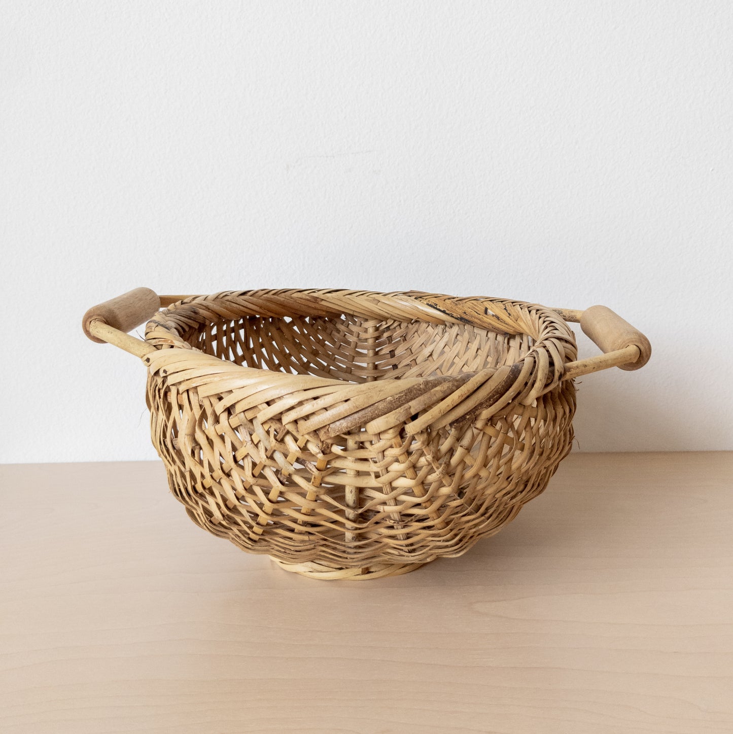 Vintage Natural Cane Oblong Woven Basket with Two Handles