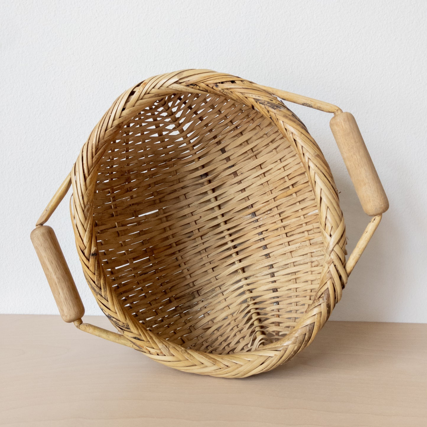 Vintage Natural Cane Oblong Woven Basket with Two Handles