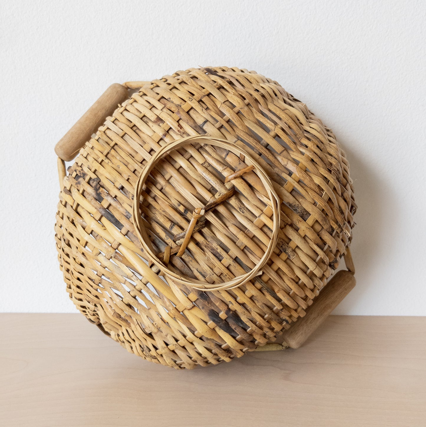 Vintage Natural Cane Oblong Woven Basket with Two Handles