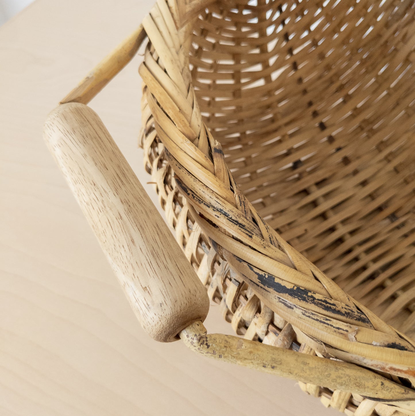 Vintage Natural Cane Oblong Woven Basket with Two Handles
