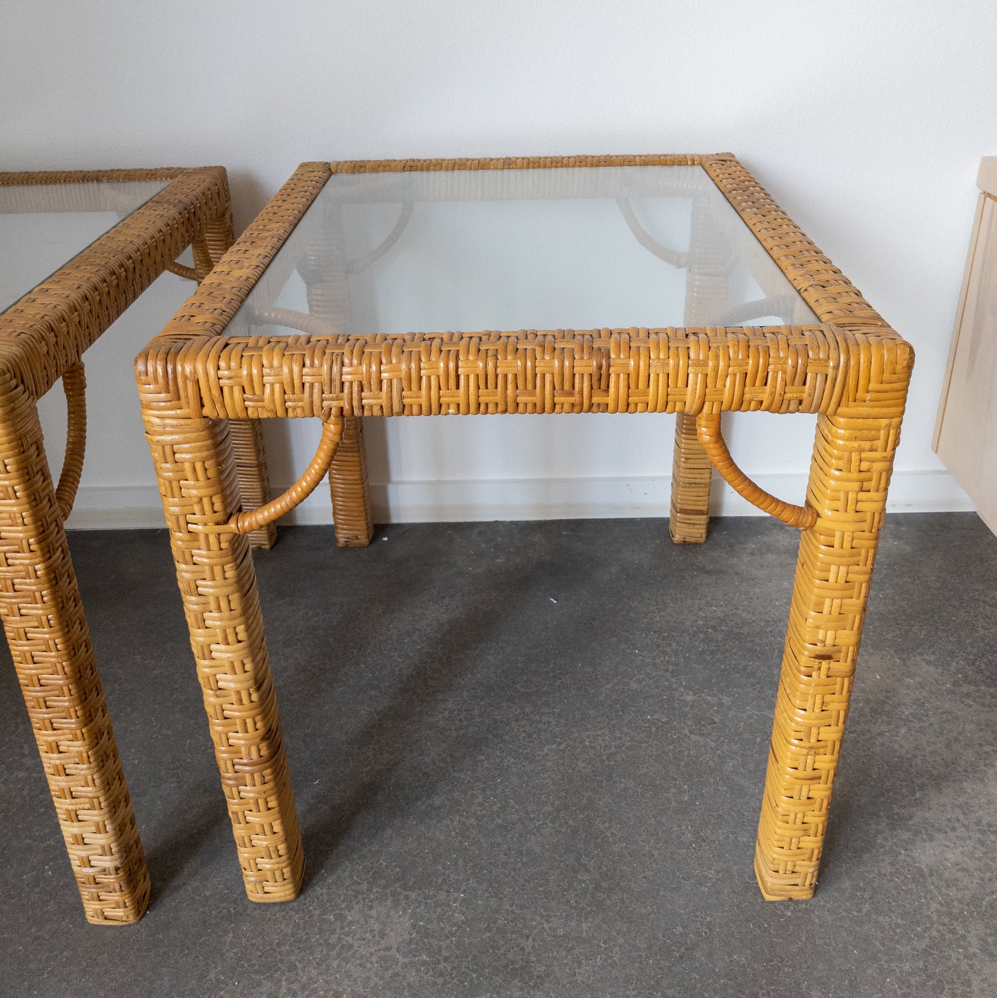 Pair of Rattan Wrapped Side Tables with Glass Top