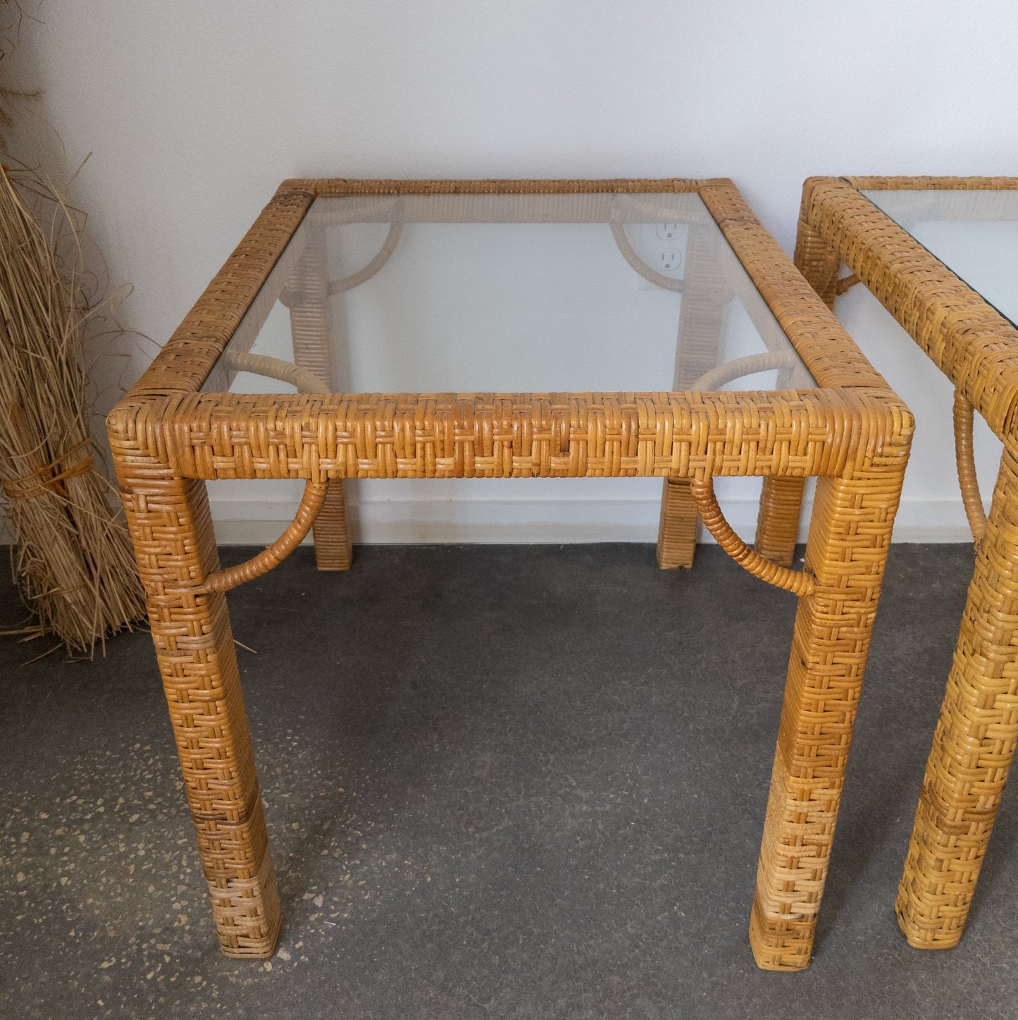 Pair of Rattan Wrapped Side Tables with Glass Top