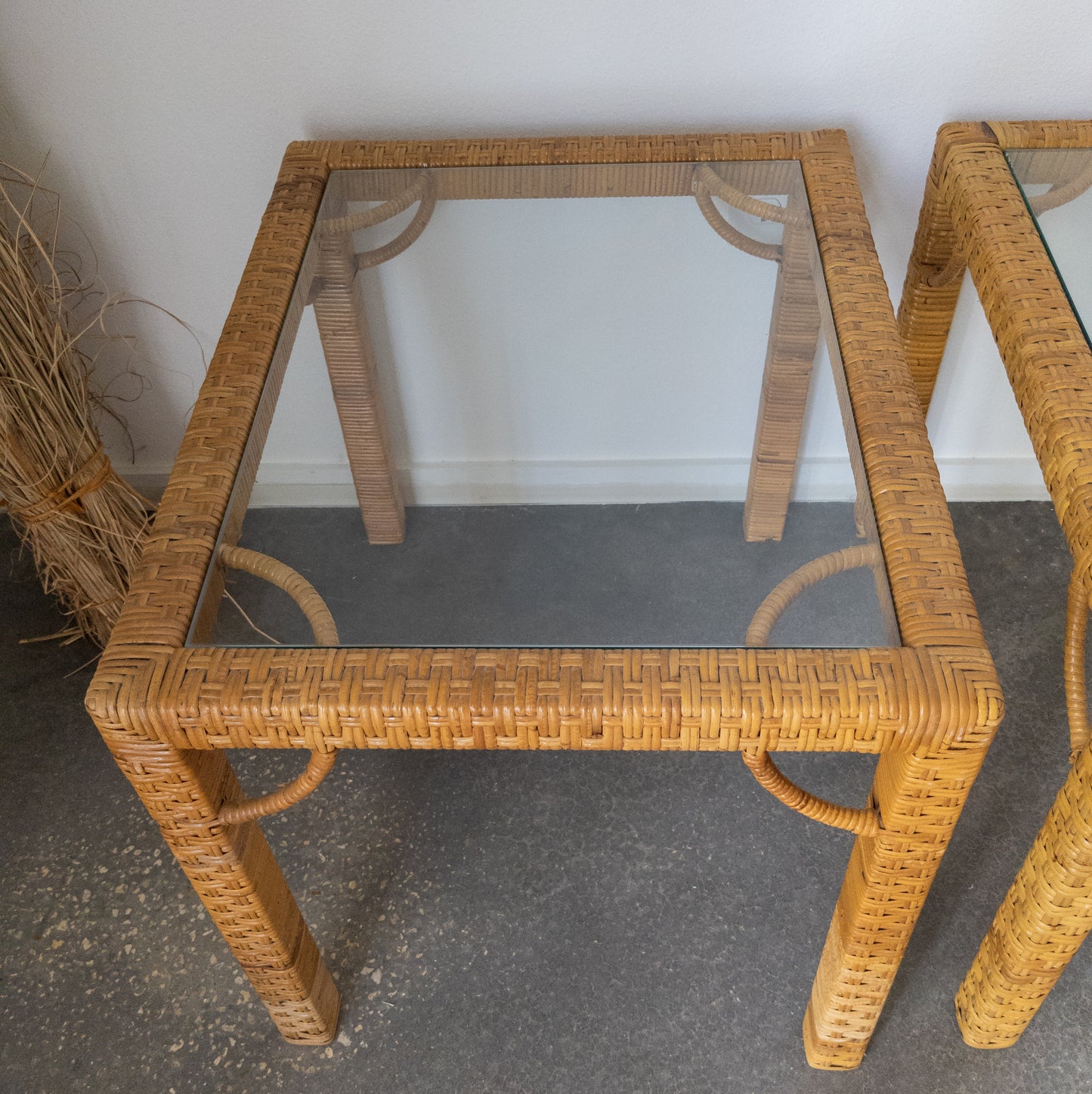 Pair of Rattan Wrapped Side Tables with Glass Top