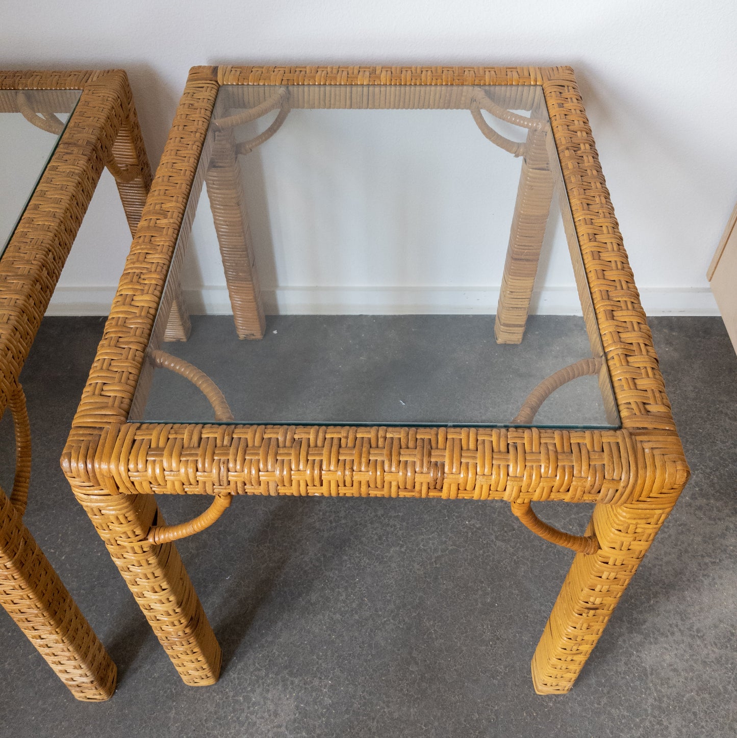 Pair of Rattan Wrapped Side Tables with Glass Top