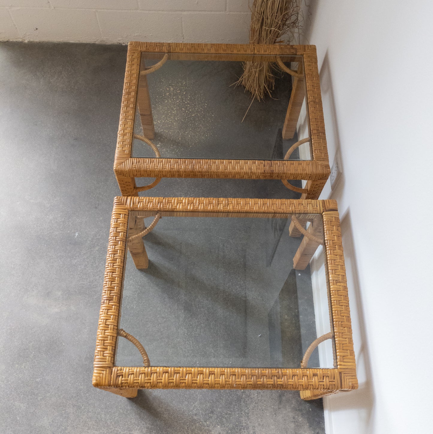 Pair of Rattan Wrapped Side Tables with Glass Top