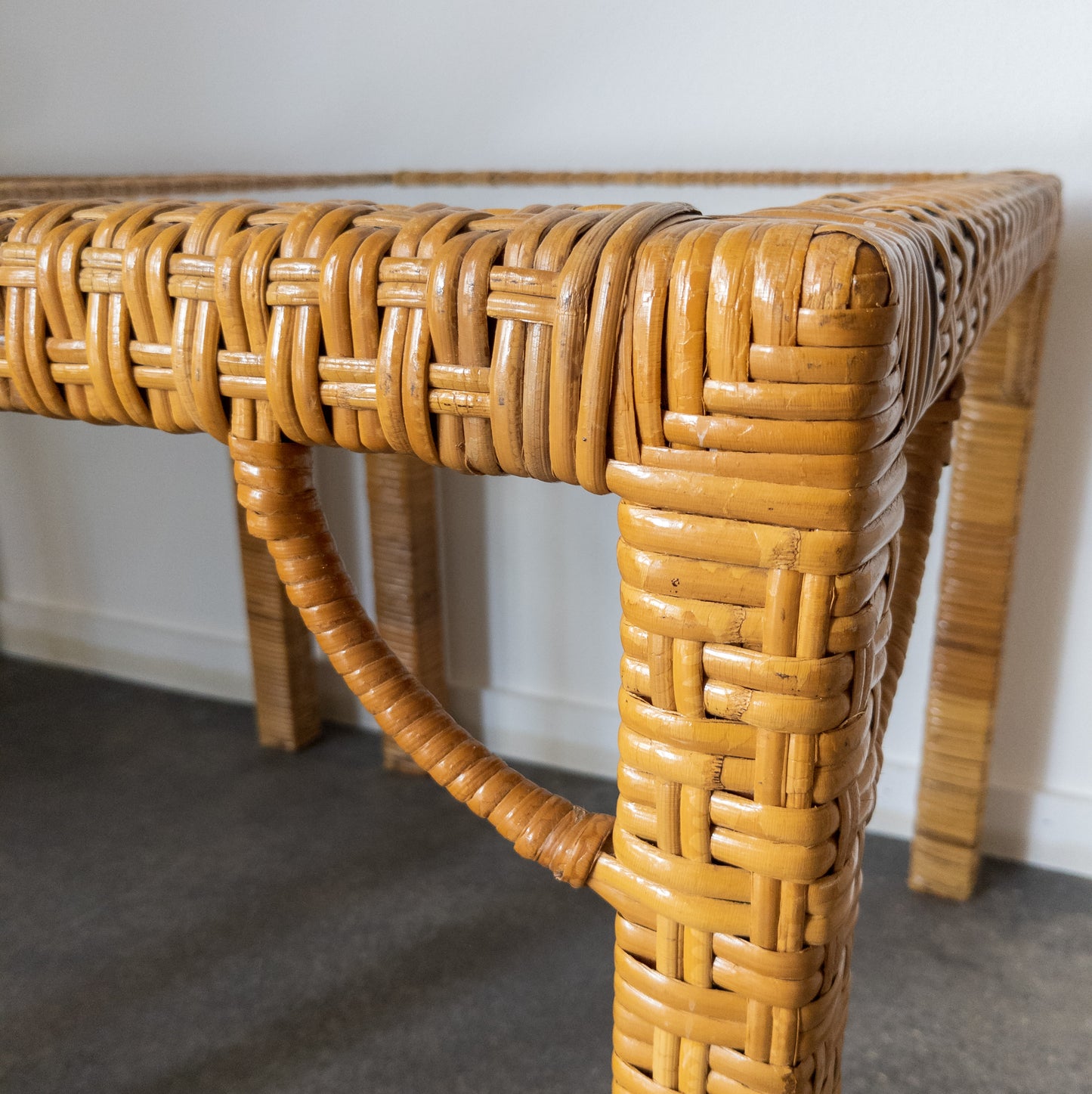 Pair of Rattan Wrapped Side Tables with Glass Top