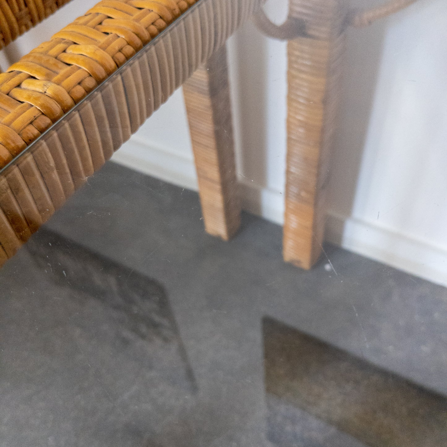 Pair of Rattan Wrapped Side Tables with Glass Top