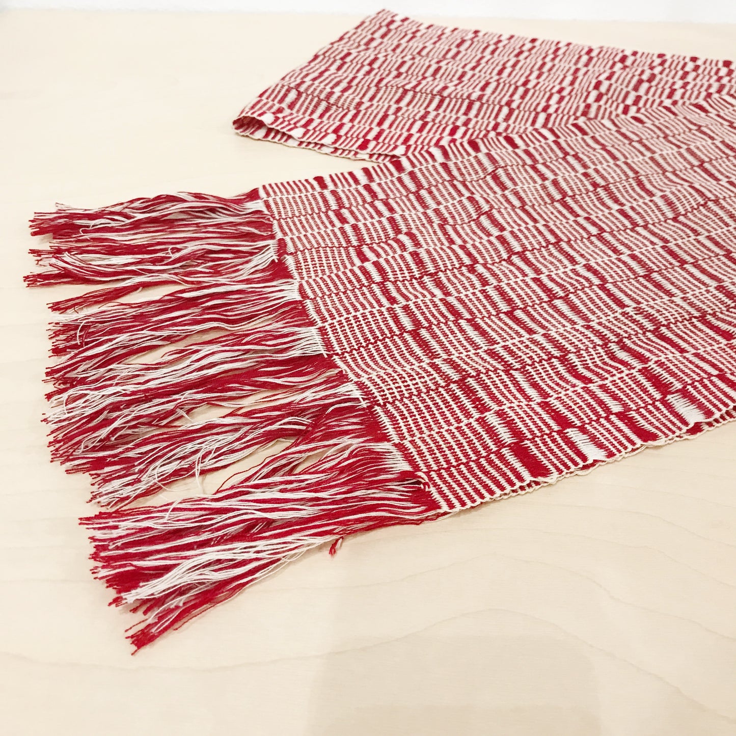 Vintage Red & White Woven Table Scarf
