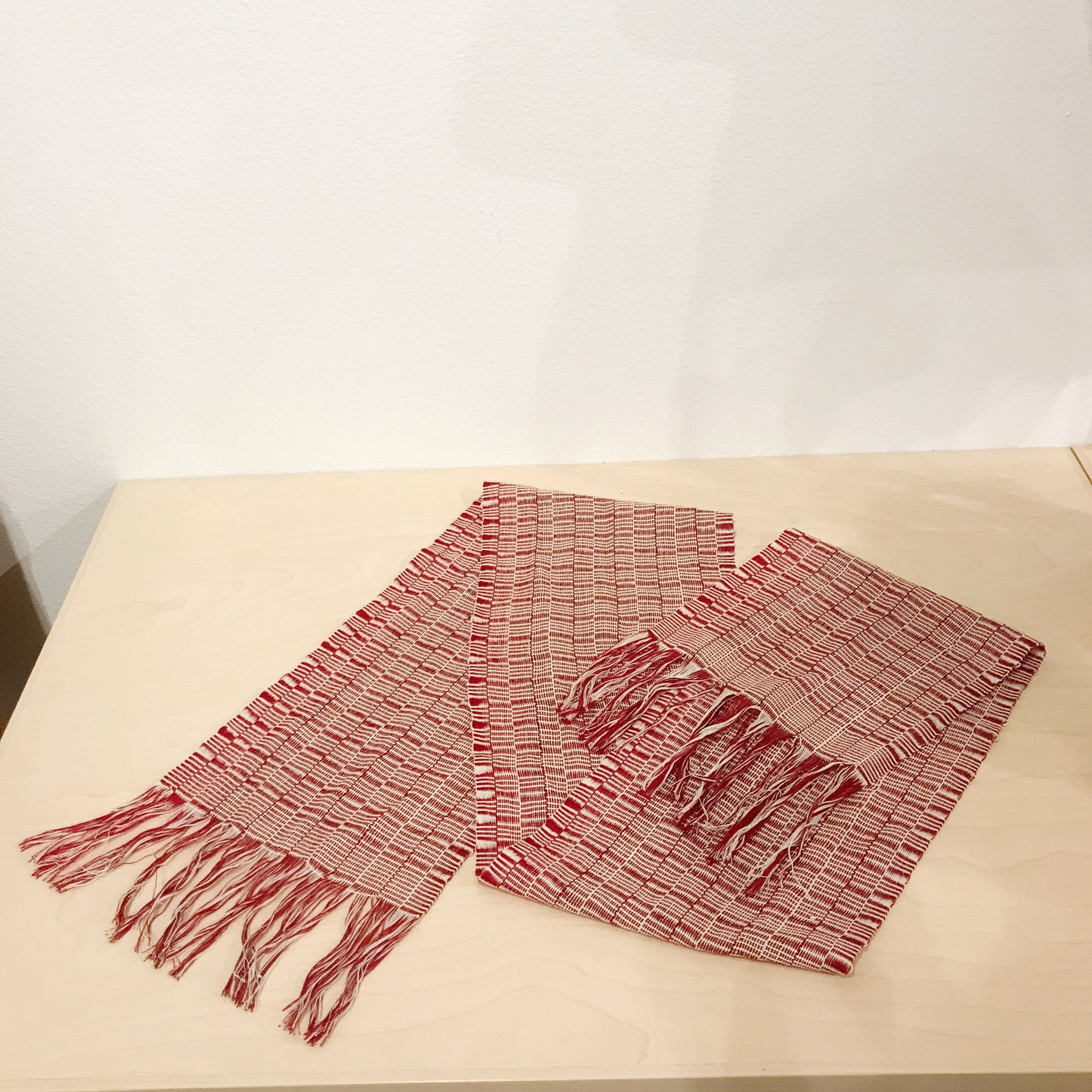 Vintage Red & White Woven Table Scarf