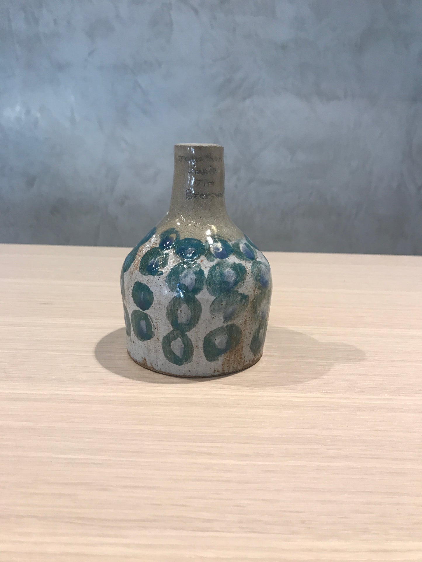 Vintage signed studio pottery stoneware vase with handcarved carved names - hand painted circle pattern