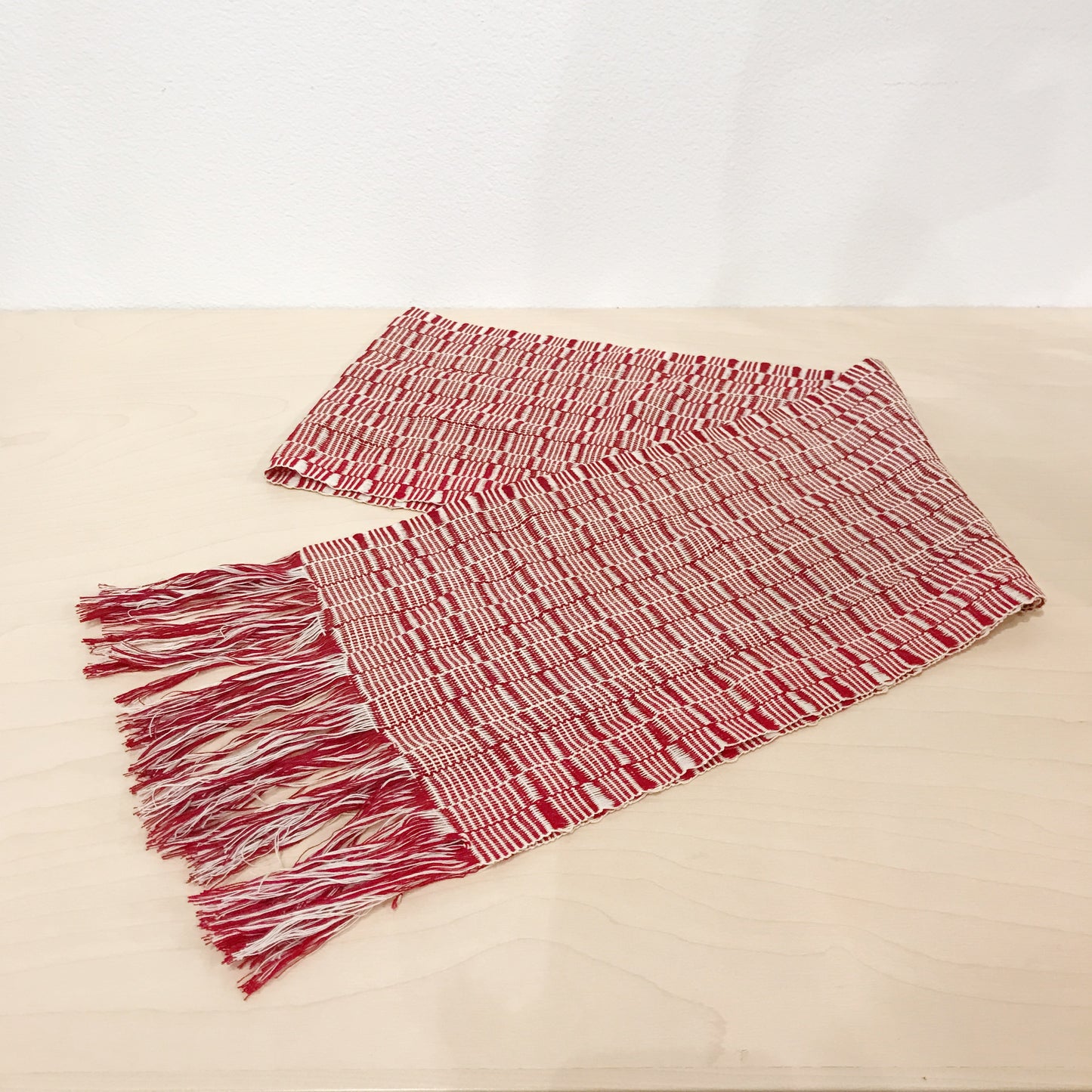 Vintage Red & White Woven Table Scarf