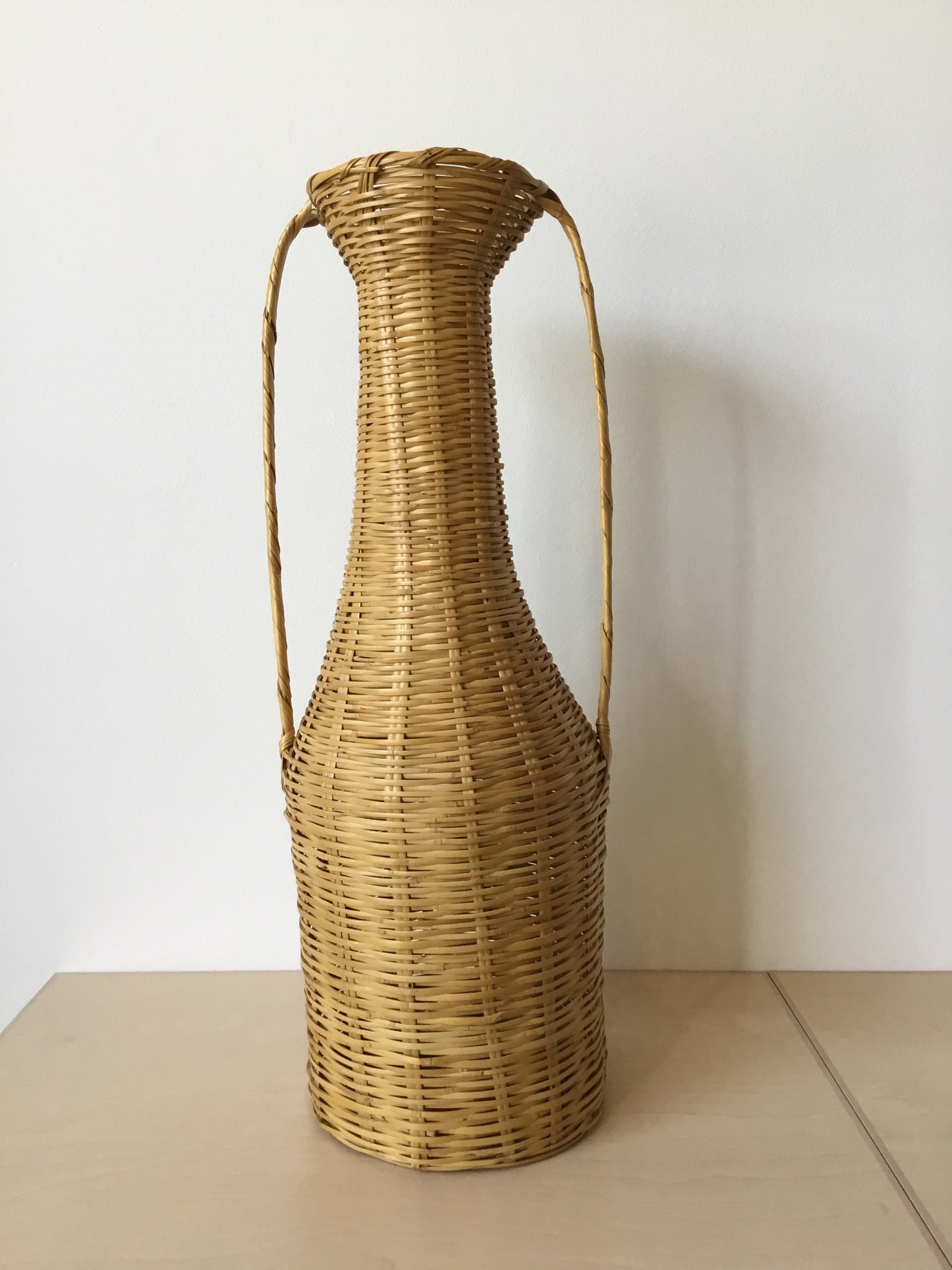 Mid-century bamboo wicker 36” floor vase