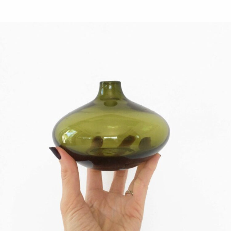 Vintage Mid Century Olive Green Glass Bud Vase