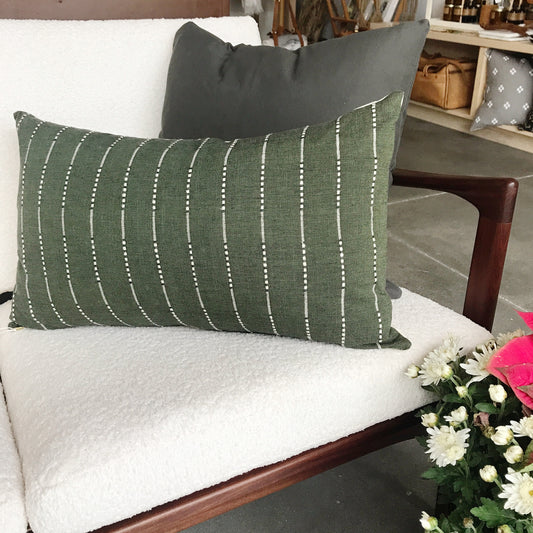 Green Lumbar Pillow Cover with White Stripes