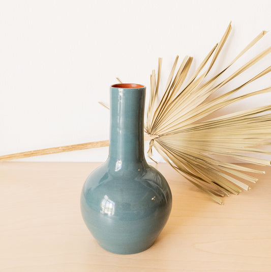 Vintage Muted Teal Glazed Terra-Cotta Long Neck Vase