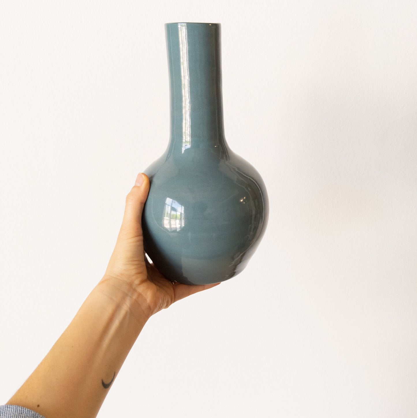 Vintage Muted Teal Glazed Terra-Cotta Long Neck Vase