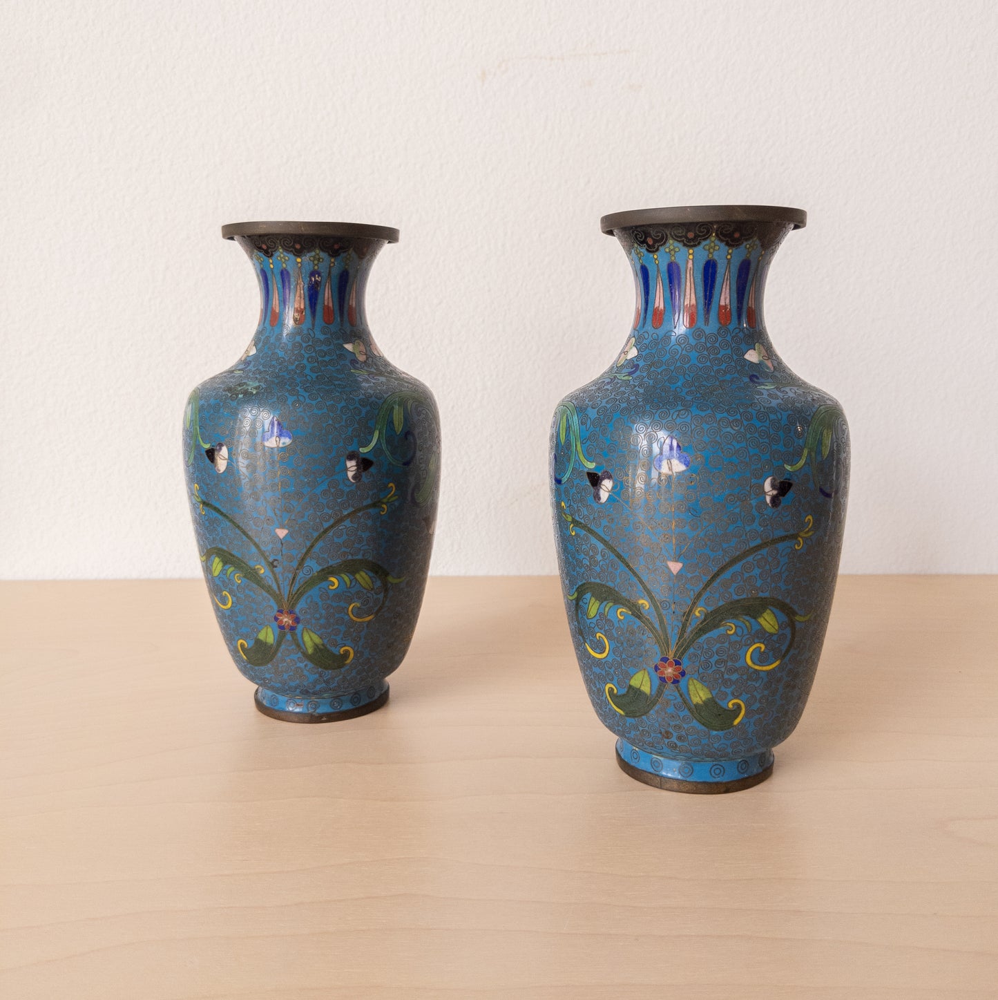 Pair of Early 19th Century Cloisonné Vases with Floral Motifs