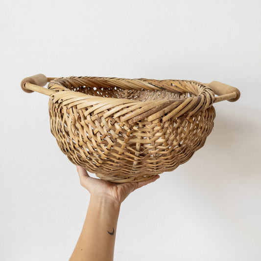 Vintage Natural Cane Oblong Woven Basket with Two Handles