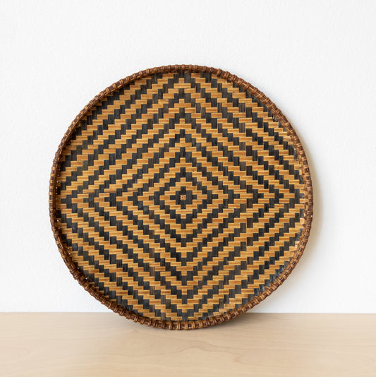 Vintage Flat Round Woven Cane Drying Basket with Black and Auburn Coloring