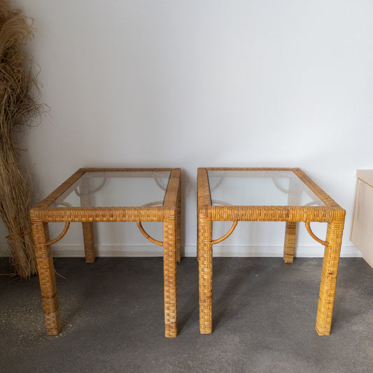 Pair of Rattan Wrapped Side Tables with Glass Top