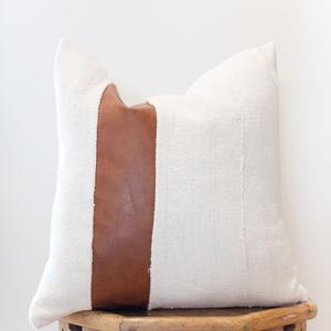 African mudcloth throw pillow cover - white mudcloth / faux leather