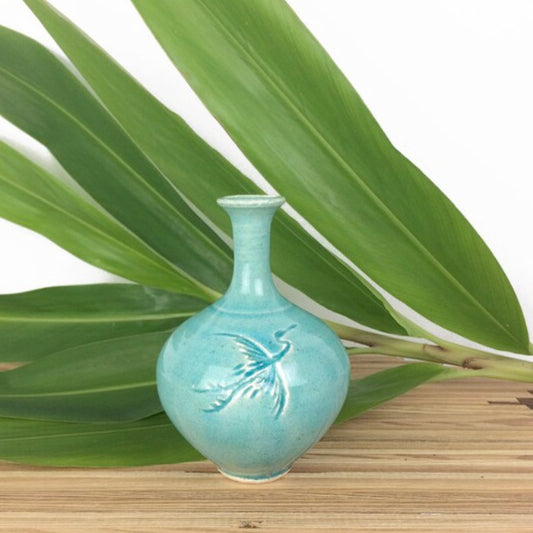 Vintage Petite Turquoise Studio Pottery Bud Vase with Incised Crane Bird