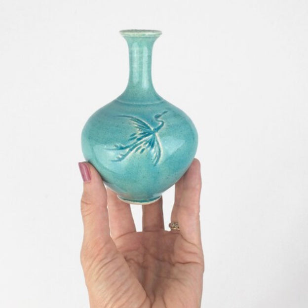 Vintage Petite Turquoise Studio Pottery Bud Vase with Incised Crane Bird