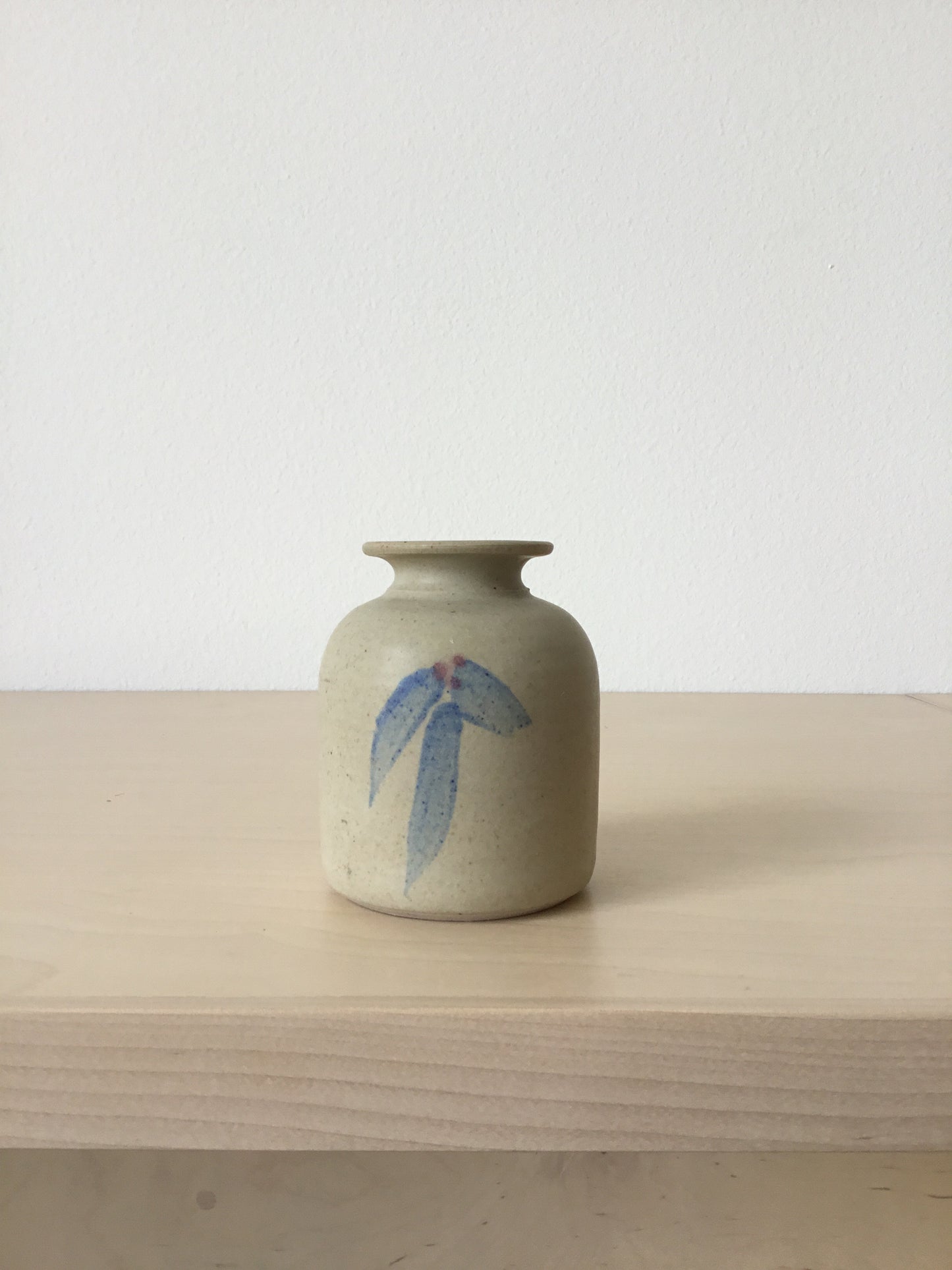 Vintage small stoneware vase - blue leaf