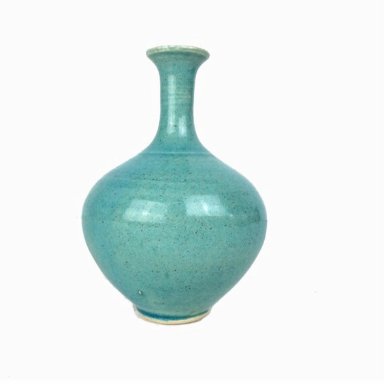 Vintage Petite Turquoise Studio Pottery Bud Vase with Incised Crane Bird