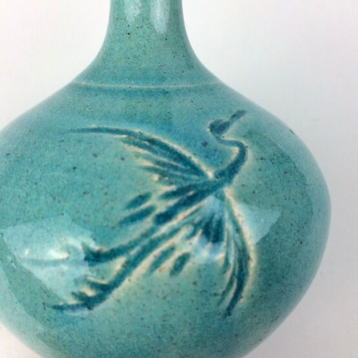 Vintage Petite Turquoise Studio Pottery Bud Vase with Incised Crane Bird