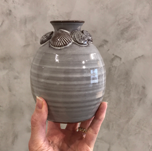 Gray Studio Pottery Bud Vase with Shells