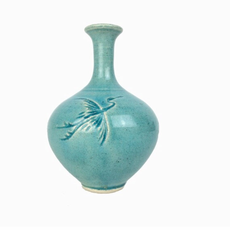 Vintage Petite Turquoise Studio Pottery Bud Vase with Incised Crane Bird